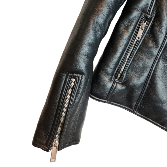 FRENCH CONNECTION BLACK FAUX LEATHER JACKET EUC wide fuzzy collar - Picture 3 of 7